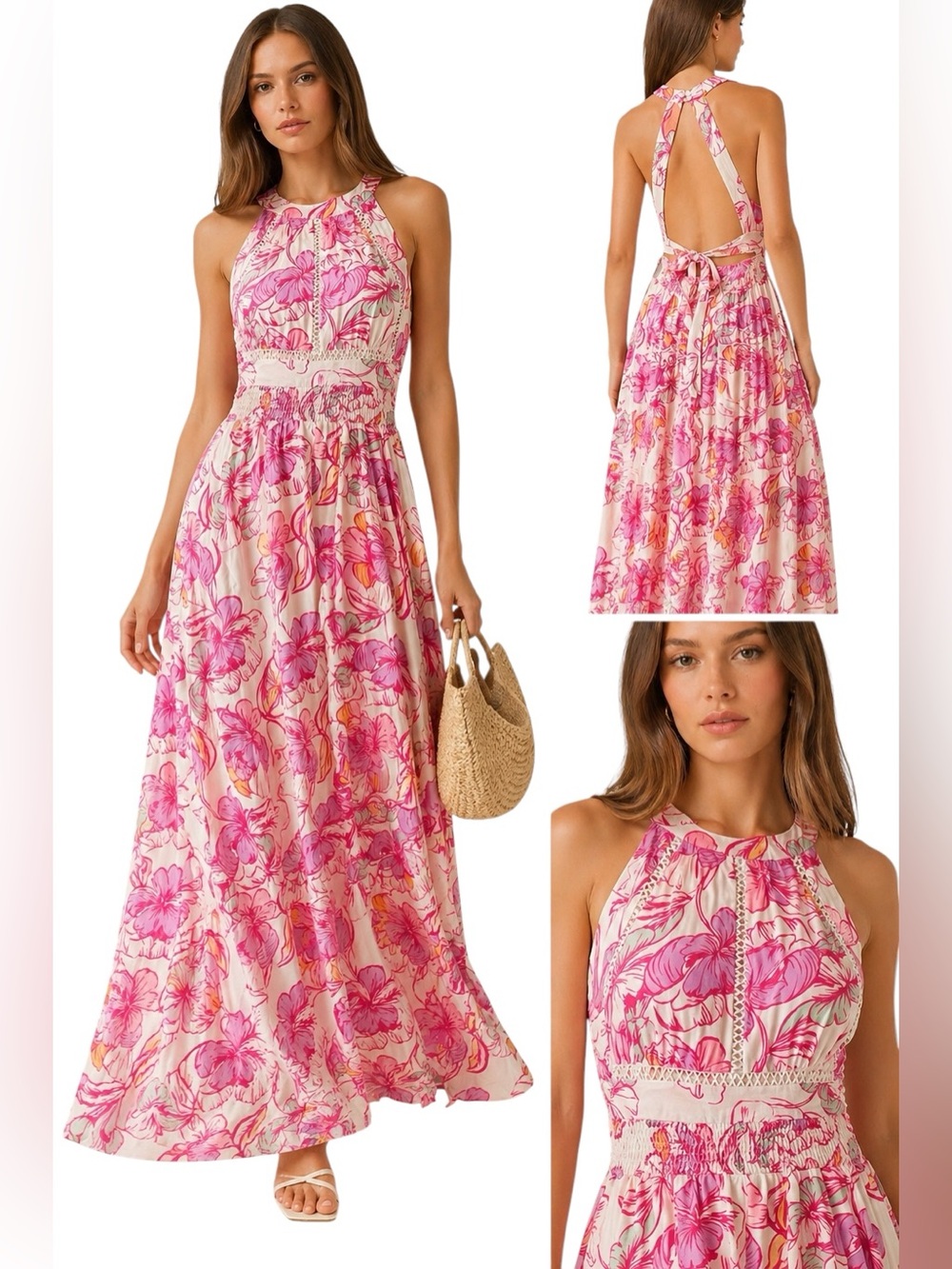 Anthropologie Abel the Label Azalea Maxi Dress Pink Floral Open Back Large - Picture 3 of 8
